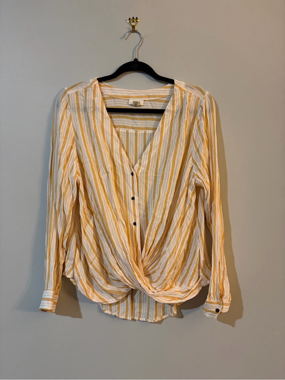 a.n.a Yellow and White Striped Twist-Front Button Down Blouse